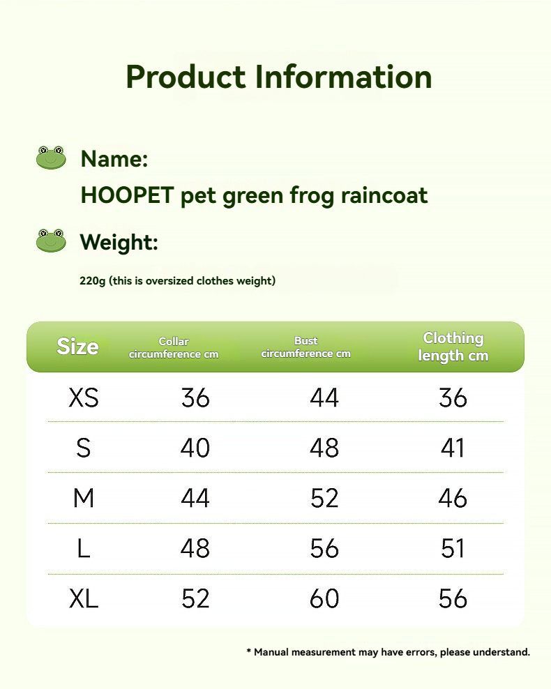 Adorable Frog Design Waterproof Pet Raincoat – Funny & Lightweight Dog Rain Jacket with Hood (Green, Size S)
