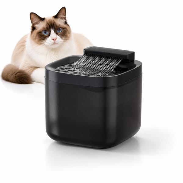 Black cat water fountain with a cat sitting beside it
