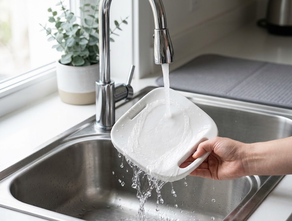 Washing the lid of the Purestands water fountain under the kitchen tap