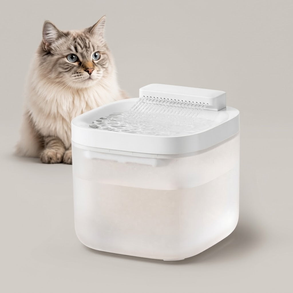 Purestands cat water fountain beside a resting cat