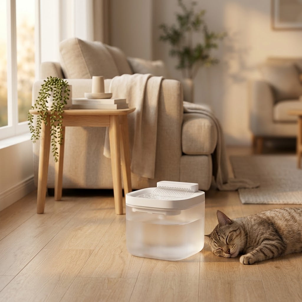 Purestands cat water fountain beside a cat resting peacefully on the floor