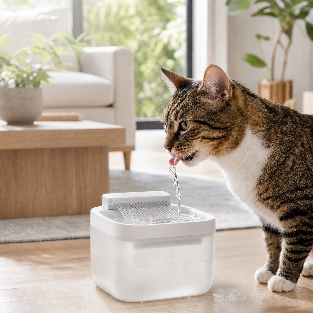 Cat drinking directly from the waterfall stream of the Purestands fountain